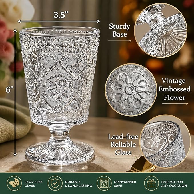 ZAVOOS Set of 6 Clear Glass Goblet, 12 Oz Vintage Romantic Wine Glasses | Embossed Floral Glass Cups Set, Bar Tumbler Drinking Glassware for Iced Tea, Wine, Beer, Juice, Cocktail, Whiskey - Image 2