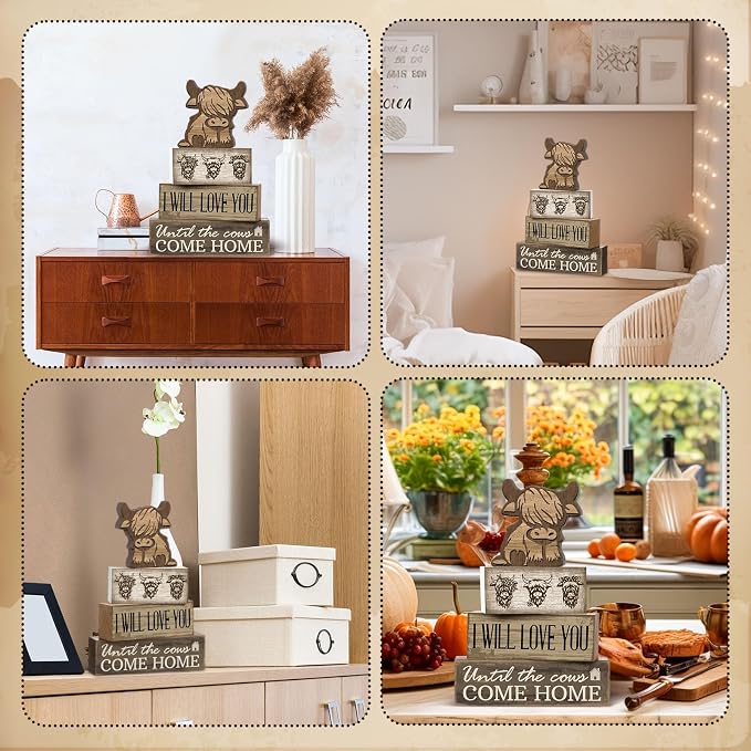 Moucuny 4 Pcs Highland Cow Table Decorations Rustic Western Tiered Tray Decor Decorative Highland Cow Block Signs Western Tabletop Centerpieces Farmhouse for Home Desk Room Kitchen Shelf Decor - Image 7