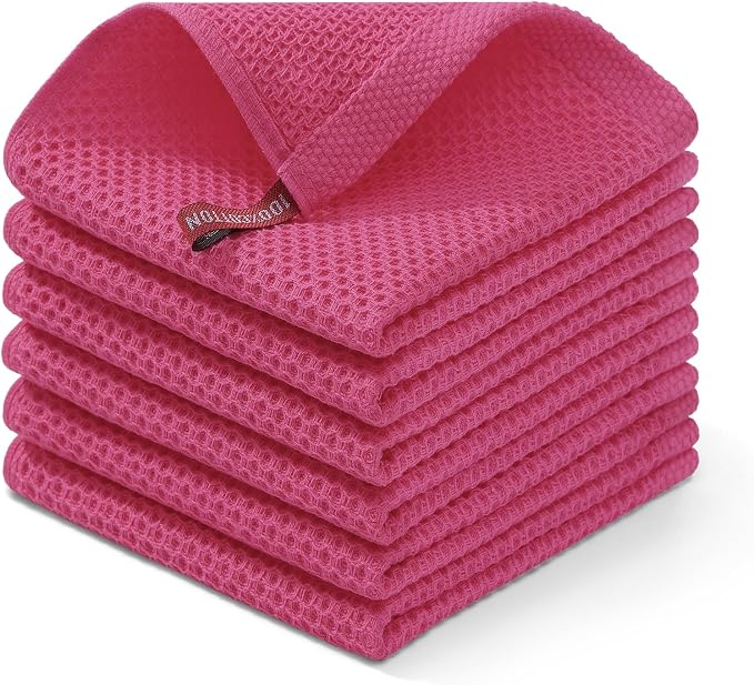 Homaxy 100% Cotton Waffle Weave Kitchen Dish Cloths 6-Pack, Hot Pink | 12 x 12 Inches, Ultra Soft Absorbent Dish Towels, Quick Drying Dish Rags with Hanging Loop by Homaxy