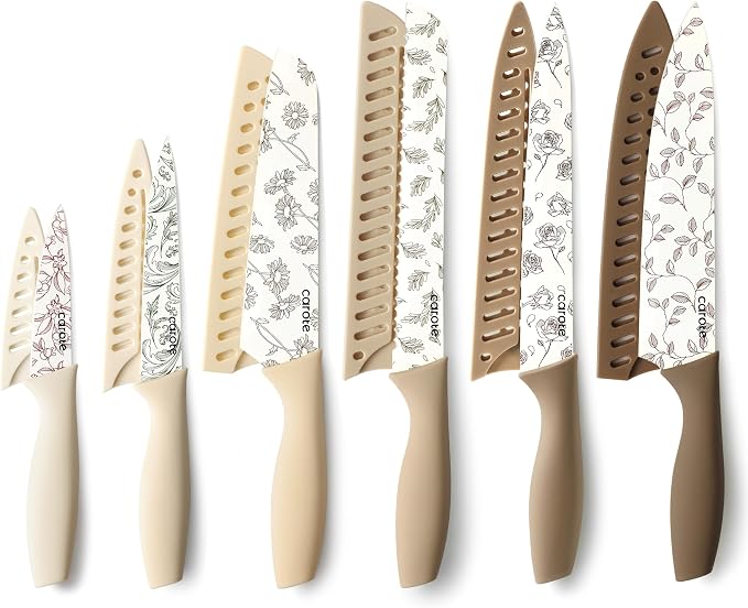 CAROTE Kitchen Knife Set, 6 Floral Knives with 6 Blade Guards, 12-Piece | Stainless Steel Blades, Ceramic Nonstick Coating, Long-Lasting Sharpness, Rust-Resistant, Non-Slip, Dishwasher Safe by CAROTE