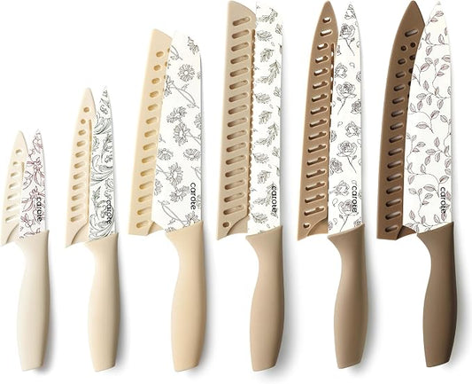 CAROTE Kitchen Knife Set, 6 Floral Knives with 6 Blade Guards, 12-Piece | Stainless Steel Blades, Ceramic Nonstick Coating, Long-Lasting Sharpness, Rust-Resistant, Non-Slip, Dishwasher Safe by CAROTE