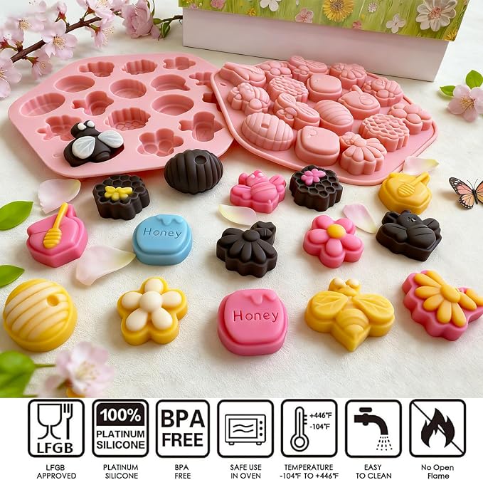 2Pack Bee Silicone Molds for Chocolate, Honey Bee Chocolate Mold Honeycomb Silicone Candy Molds Flower Honey Pot Shapes for Candy, Jelly, Sugar, Gummy, Cake Decoration, Fondant, DIY Ice Cube Tray - Image 2