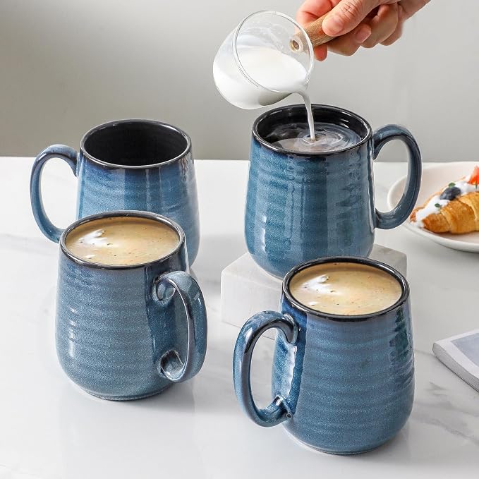 HASENSE Coffee Mugs Set of 4, 12 Ounce Ceramic Coffee Cups with Handle, Large Mug Set for Latte, Tea, Chocolate, Modern Cup Gift for Men and women, Dishwasher & Microwave Safe(Blue) - Image 4