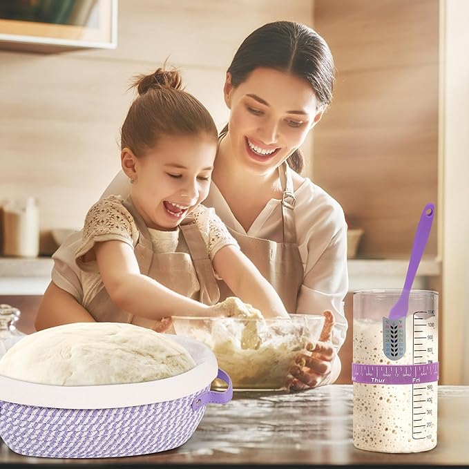 Sourdough Starter Kit - 41OZ Glass Starter Jar, 2 Cotton Rope Banneton Bread Proofing Basket, Sour Dough Kit Tools Complete Sourdough Bread Baking Supplies - Great for Bakers Wife Mom