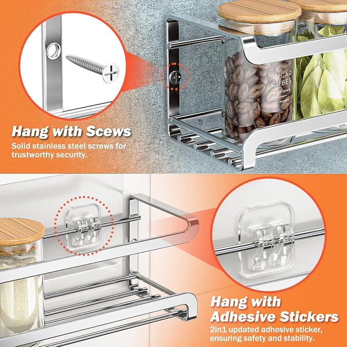 Bunoxea Spice Rack Wall Mounted 2 Pack, Silver,For Spice Jars & Seasonings | 2 Removalble Hooks,Screw or Adhesive Hanging, Space-Saving,For Kitchen Cabinet, Pantry Door,Stove,RV Use,11.41x2.75x2.75in - Image 4