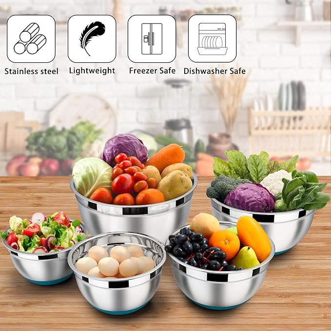 LIANYU Stainless Steel Nesting Mixing Bowls Set of 6, Size 7, 3.5, 2.5, 2, 1.5, 1QT, Large Metal Bowls for Cooking, Baking, Food Storage, Non-slip Bottom & Airtight Lids, Dark Blue