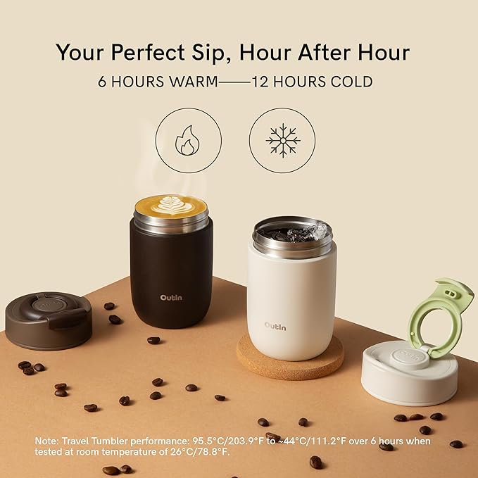 OutIn Travel Tumbler, Outdoor Insulated Coffee Tumbler with Leak-Proof Flip Lid, 12 oz Stainless Steel Mug for Hot & Cold Drinks Sand White