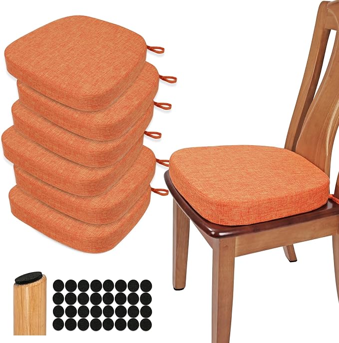 BUYUE Thickened 2.5" Dining Chair Cushions Set of 6, U-Shape High Density Foam Comfortable Chair Pads for Kitchen, Slip Resistant Indoor Seat Cushions (6 PCS, Orange) by BUYUE