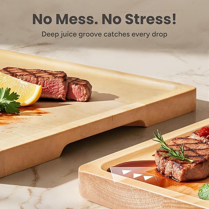 SMIRLY Cutting Boards for Kitchen, 3 Piece Birch Cutting Board with Stand | Non Toxic Wooden Cutting Board with Juice Grooves and Handles, Multiple Sizes Chopping Boards for Meat Vegetable Charcuterie - Image 3