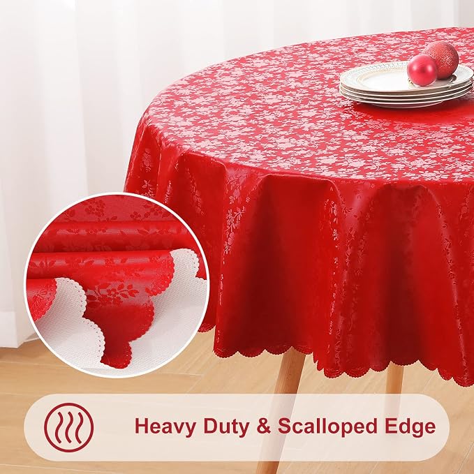 Smiry Round Waterproof Heavy Duty Vinyl Tablecloths, 70 x 70 Inch | Wipeable Washable Floral Embossed Table Cover for Kitchen and Dining Room, Indoor & Outdoor Use, Red - Image 5