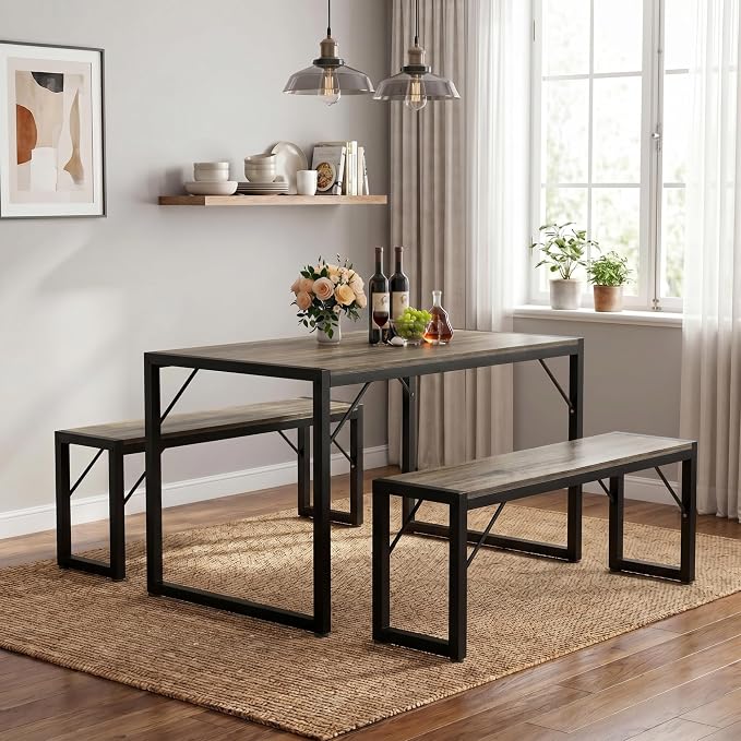 Bealife Dining Table Set for 4 with Metal Frame and MDF Board - Grey | Space Saving Kitchen Table with 2 Benches, Kitchen Table Set for Apartment, Dining Room, Breakfast Nook by Bealife