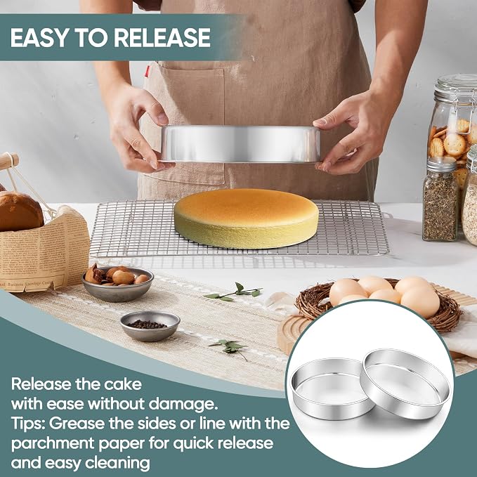 TeamFar 9 Inch Cake Pan, Stainless Steel Round Layer Cake Baking Pan | Baking Tin for Birthday Wedding, Non-Toxic & Heavy-Duty, Mirror Finish & Leak Proof, Oven & Dishwasher Safe - Image 4