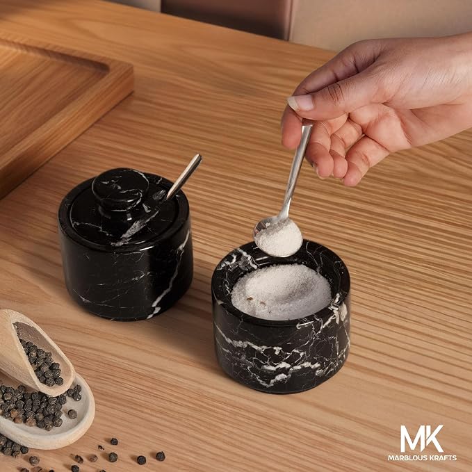 MARBLOUS KRAFTS Marble Salt Cellar Set of 2 with Spoon and Lid, 3 Inch Black Zebra Handcrafted Stone Salt Container for Kitchen Countertop, Seasoning Jar, Salt Dish, Fleur de Sel Holder, Gift Set - Image 6