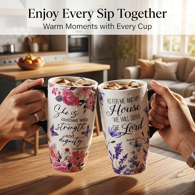 Topadorn Christian Mug Gift Set of 2, 17oz Ceramic Travel Mug | Proverbs 31:25 & Joshua 24:15 Bible Verse Coffee Cups, Gift Boxes Included - Image 2