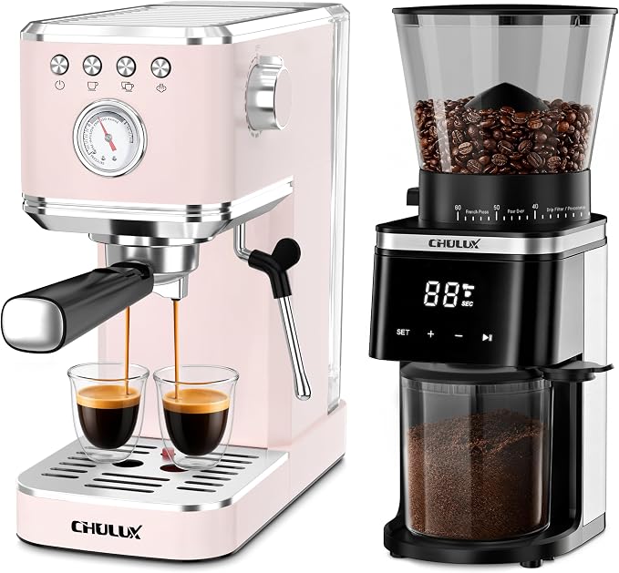 CHULUX Espresso Machine with Conical Burr Electric Coffee Grinder, Pink by CHULUX