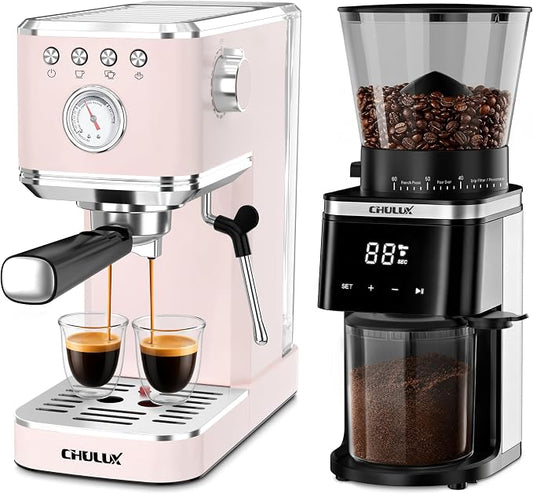 CHULUX Espresso Machine with Conical Burr Electric Coffee Grinder, Pink by CHULUX