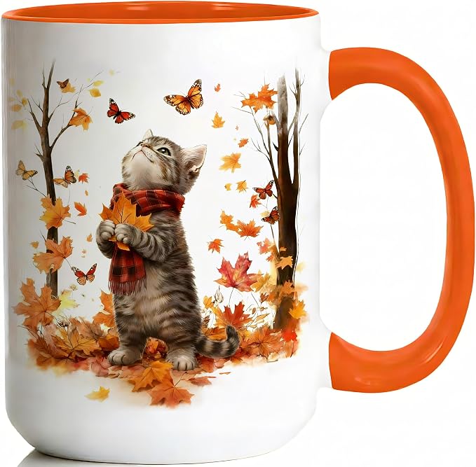 Cat Mug for Cat Lovers, Cute Kitten Fall Coffee Mugs, White, 15oz | Ceramic, Maple Leaf Tea Cup with Orange Handle, Ideal for Hot & Cold Drinks, Fun Novelty Gift for Women, Coworkers - Image 2