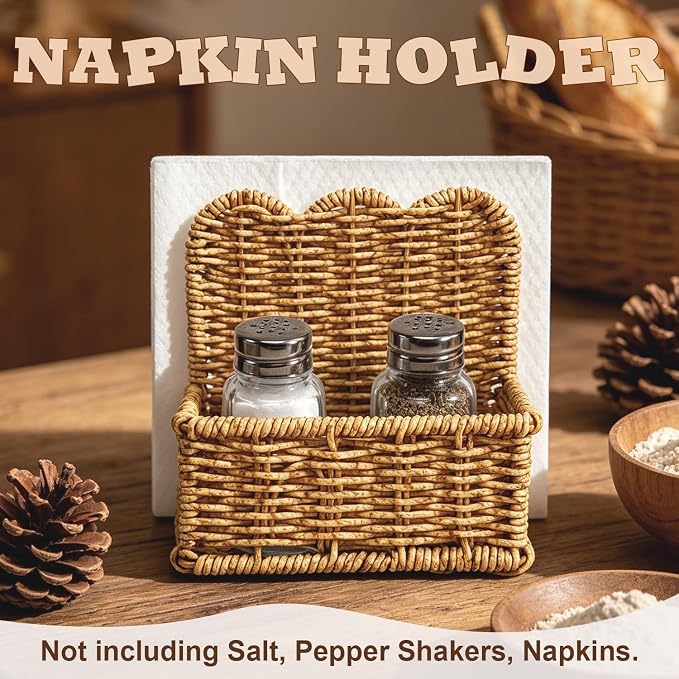 Plastic Rattan Scalloped Perimeter Napkin Holder for Table, Salt and Pepper Shakers Holder - Countertop Organizer for Rustic Room Decor (Without Salt, Pepper Shakers & Napkins) (Subdued Brown) - Image 4