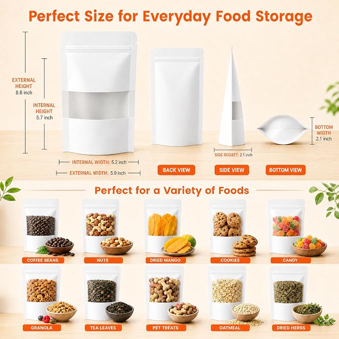 100 Pcs White Kraft Paper Bags with Window, 5.9" x 8.6" Stand Up Pouches Bags, Food Storage Bags for Packaging Products, Reusable, Sealable - Image 3
