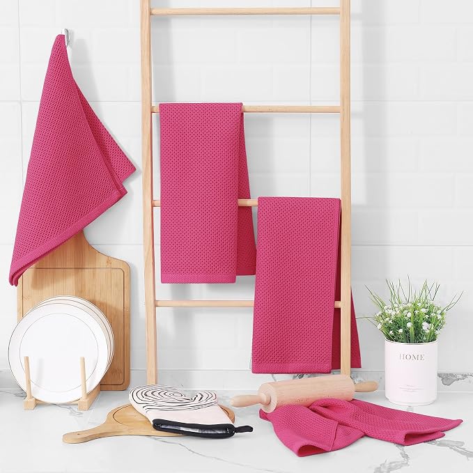 Homaxy 100% Cotton Waffle Weave Kitchen Dish Towels 8-Pack, Hot Pink | 13 x 28 Inches, Ultra Soft Absorbent Dish Towels, Quick Drying Cleaning Towels - Image 6