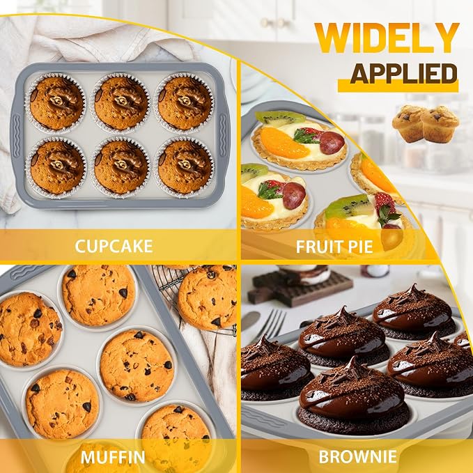 Silicone Muffin Pan, 6 Cups Non-Stick Cupcake Pan, Food-Grade BPA-Free Muffin Tin, Oven-Safe 450 °F, Reinforced Steel Frame, Easy-Grab Handles, Quick-Release 2.7" Baking Molds for Mini Treats - Image 6