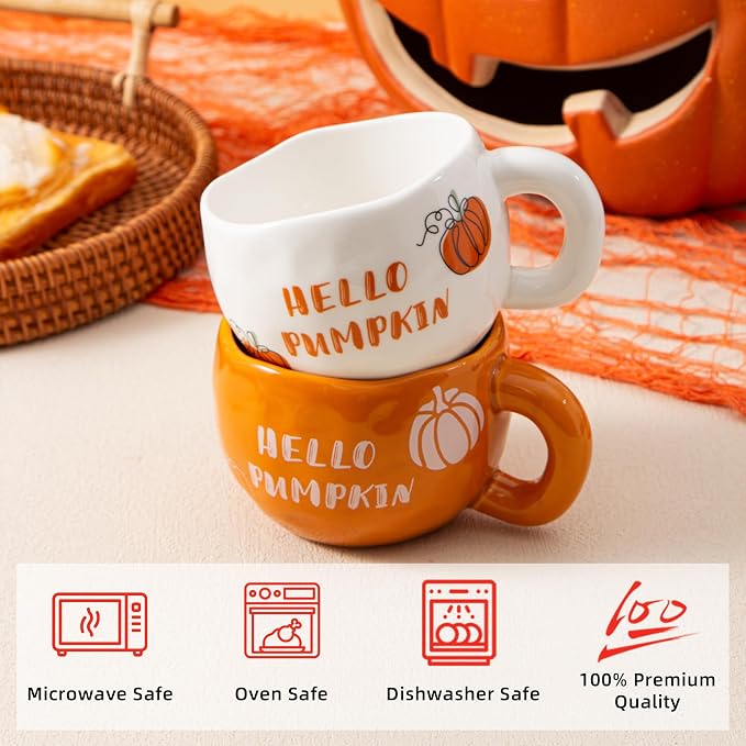 4pcs Ceramic Mugs Set, 9.4OZ Cute Coffee Cup Set, Hello Pumpkin Design, Dishwasher Safe, Gift for Fall/Halloween/Thanksgiving (Pumpkin) - Image 4