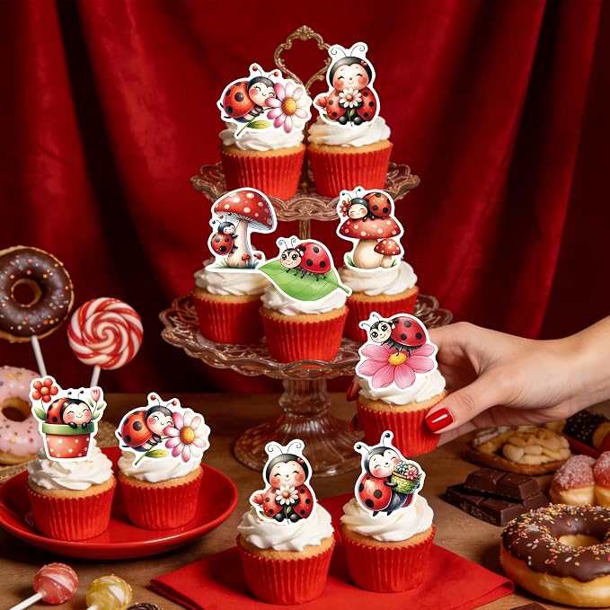 72PCS Edible Ladybug Cupcake Toppers Wafer Paper Flowers Insects Cake Decorations Picks for Baby Shower Kids Birthday Party Cake Decorations Supplies - Image 3