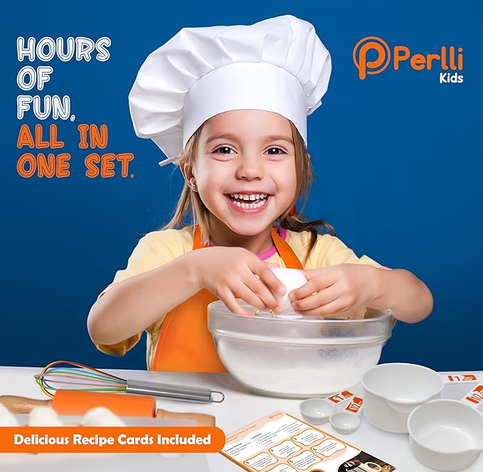 PERLLI Kids Real Cooking Set for Cooking and Baking – 31 Pc. Gift for Junior Chef with Real Utensils, Case & Safe Kids Knife Set for Boys & Girls – Fine Motor Skills & Fun for Children Ages 6+, Orange