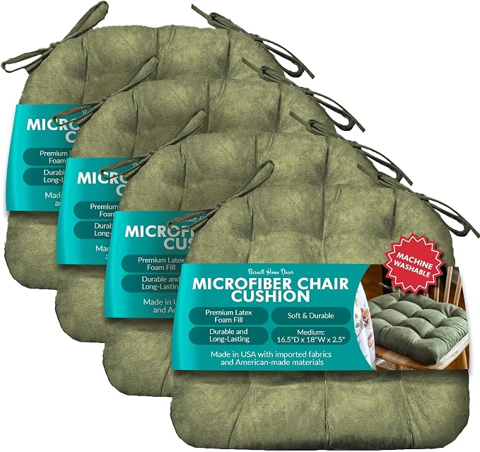 Barnett Home Decor Microsuede Dining Chair Cushions with Ties, 16.5 x 18 Inches, Pack of 4 – Machine Washable, Reversible with Plush Latex Foam Fill for Comfortable Seating – Laurel Green (Sage) by BarnettHomeDecor