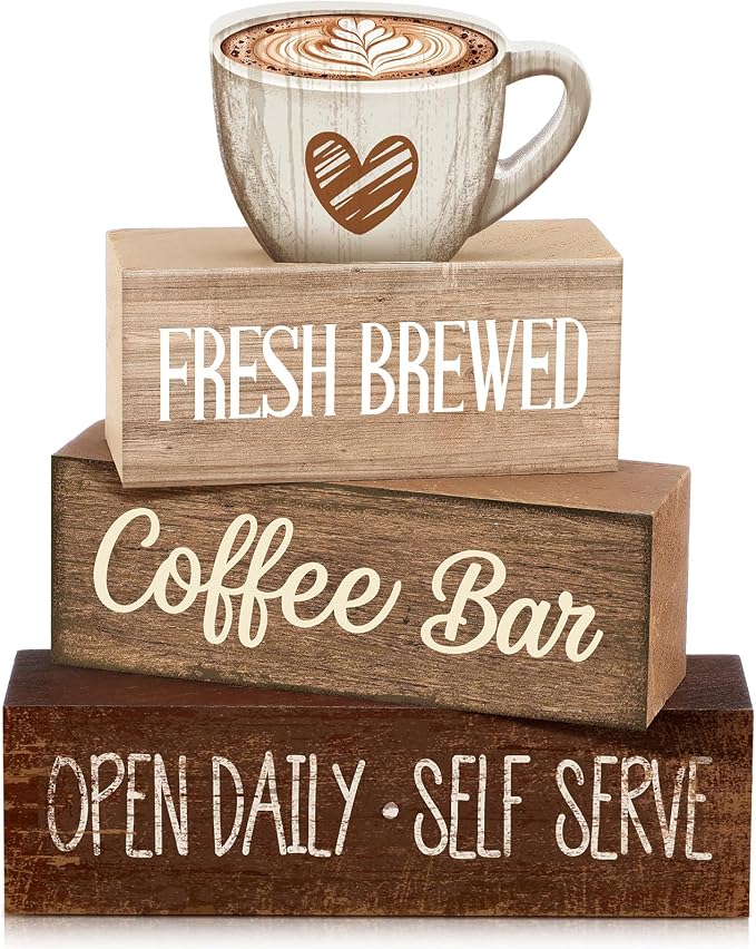 Moucuny 4 Pcs Farmhouse Coffee Bar Signs Decor Wooden Cup Rise & Shine It's Coffee Time Rustic Wood Cafe Sign Gift for Home Kitchen Tabletop Decor by Moucuny