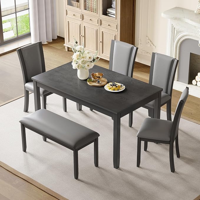 6-Piece Dining Table Set with Bench and Chairs - Solid Wood Kitchen Dining Room Table Set in Farmhouse Rustic Style, Table Set for 6 with 4 Chairs and Bench Seat.(Dark Gray_Large) - Image 2