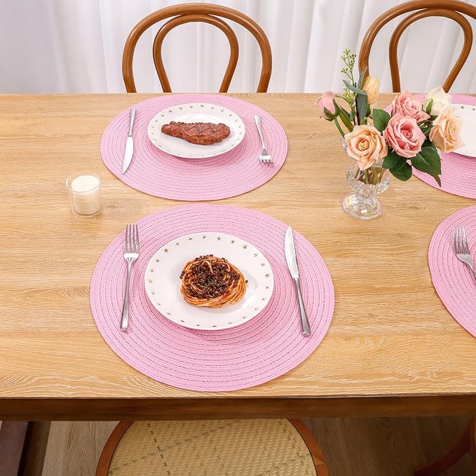SHACOS Round Braided Placemats Set of 4 Washable 15 inch Round Table Mats for Dining Table Place Mats Home Wedding Party Decor (Pink, 4) - Image 7