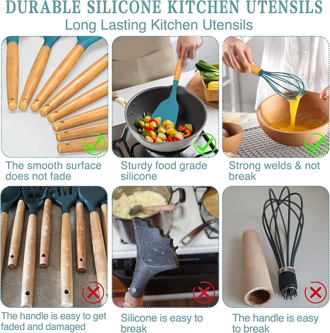 Umite Chef Kitchen Cooking Utensils Set, 33 pcs Non-stick Silicone Utensils Spatula Set with Holder, Silicone Kitchen Gadgets Utensil Set(Dark Blue) - Image 5