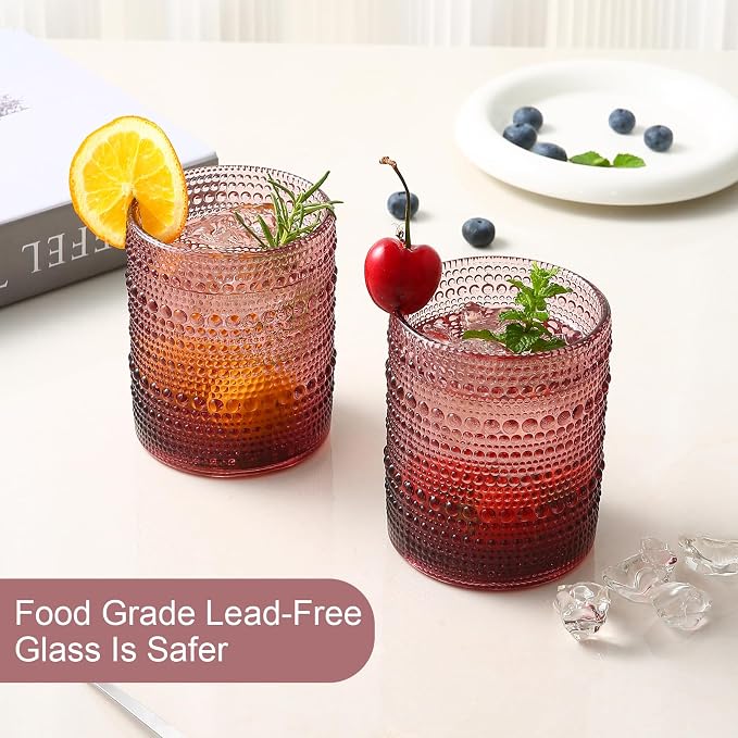 ZMOWIPDL Drinking Glasses Set of 6,12oz Purple Hobnail Glass Cups | Vintage Glassware，Embossed Water Tumbler,for Beer,Cocktail,Whiskey,Juice and Various Mixed Drinks- 1 Cleaning Brush - Image 4