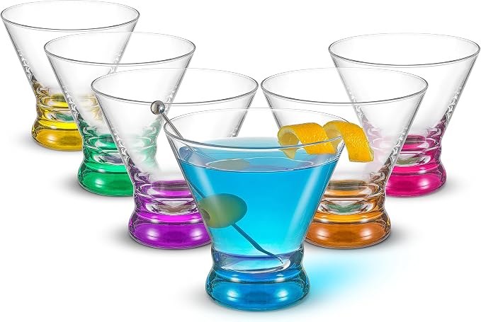 JoyJolt Hue 7.5oz Martini Glasses, Cocktail Glassware Set of 6, Colored Glass Base, Stemless Drinking Glasses for Margarita, Bar, Shrimp Cocktail, Juice by JoyJolt