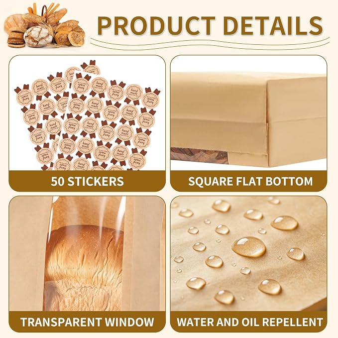 Banana Bread Packaging, Bread Packaging for Homemade, 50 Pcs 13.78" × 8.27" × 3.54" Bags with Clear Window and 50 Stickers, Water and Oil Repellent, Easy to Use, Well-Sized for Baked Goods - Image 2