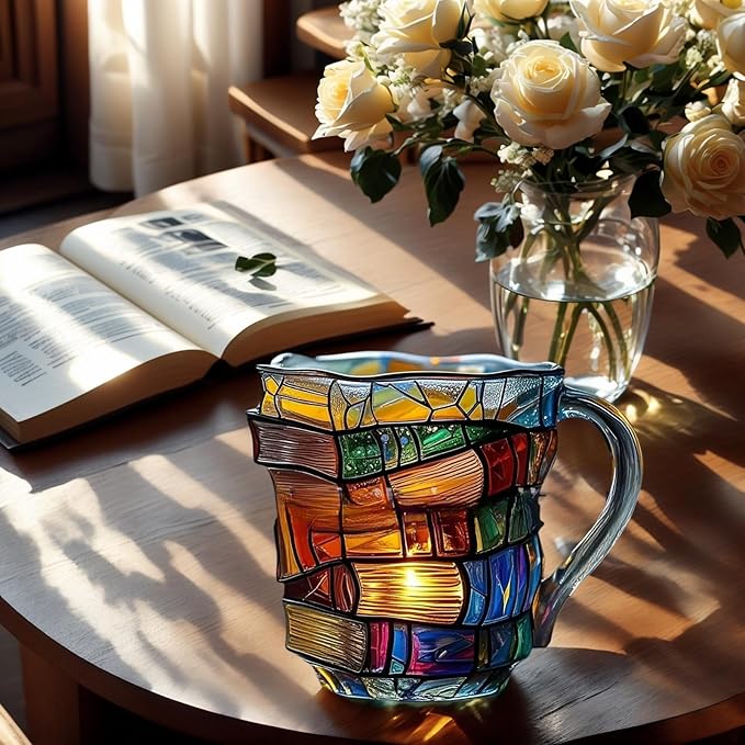 3D Painted Glass Mug Colorful Ceramic Coffee Cup 12oz, Hand-Painted Vintage Style Mug for Readers, Book Lovers, Women, Gift for Birthday or Office Use