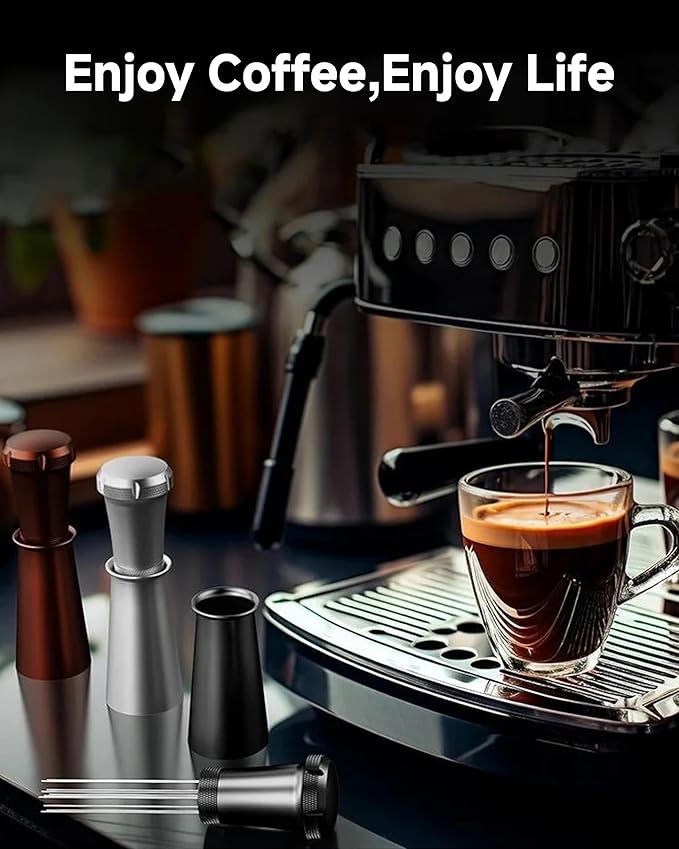 WDT Espresso Distribution Tool - Espresso Accessories with Built-in Cleaning Brush - Espresso Stirrer Tools- 0.35mm 7 Needle Distributor and Extra 7 Needles - Aluminum Handle with Stand