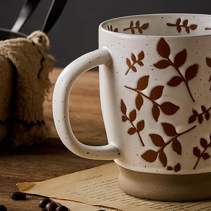 18 Oz Large Ceramic Coffee Mug Set of 2 - Rustic Handmade Floral Mugs with Handle, Microwave Safe for Latte Espresso Cappuccino Tea Cocoa Milk, Modern Unique Big Cups for Kitchen Women(Caramel Brown) - Image 5