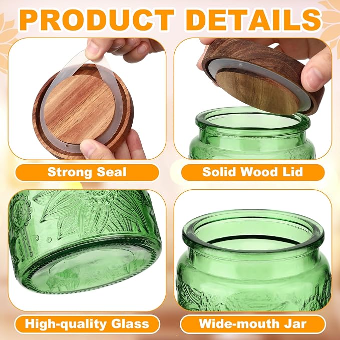 LemonRoad 2 Pcs Vintage Glass Storage Jars 23.67 oz Candy Jar Canister with Solid Wood Lids Food Storage Container for Kitchen, Ground Coffee, Tea, Sugar, Decorative Mason Cookie Jars (Green) - Image 3