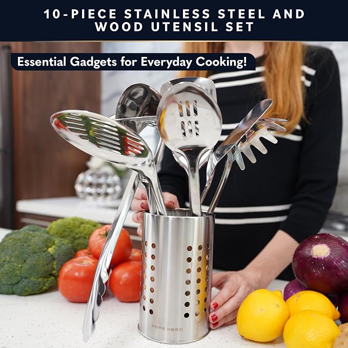 Home Hero 10-Piece Stainless Steel Kitchen Utensil Set with Wooden Handle | Ergonomic Wood Handle Stainless Steel Kitchen Utensils - Rust-Resistant, Nonstick Safe with Storage Holder (10-Piece) - Image 2