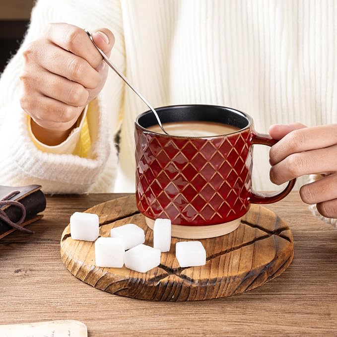 GBhome 15 OZ Stackable Coffee Mugs Set of 4, Ceramic Coffee Cups Set | 4 Assorted Designs, Embossed Mugs with Texture Patterns for Tea/Coffee, Dishwasher&Microwave Safe, Red - Image 2