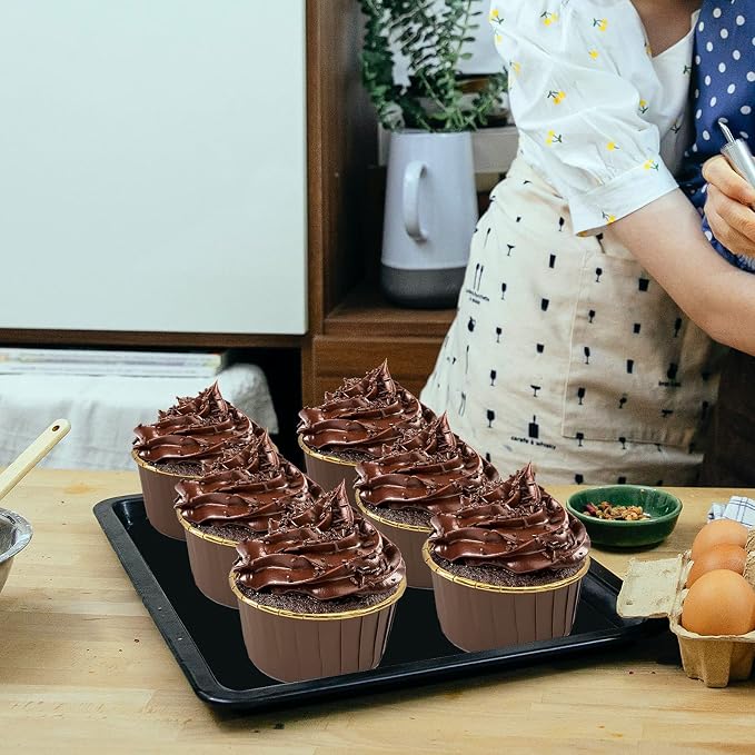 Foil Cupcake Liners With Dome Lids 100 Pack,LNYZQUS 5.5 Oz Muffin Cups Muffin Tins,Disposable Ramekins Cupcake Cups Wrappers Holders,Large Muffin Liners Baking Cups,with Spoons-Brown in Gold - Image 2