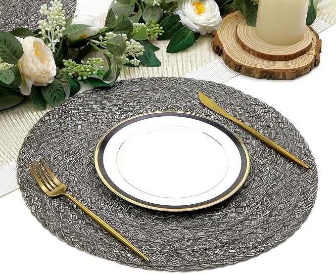 SHACOS Round Braided Placemats Set of 6 Thick Woven Placemats Washable 15 inch Circle Place Mats Non Slip Table Mats for Dining Table, Gray White - Image 9
