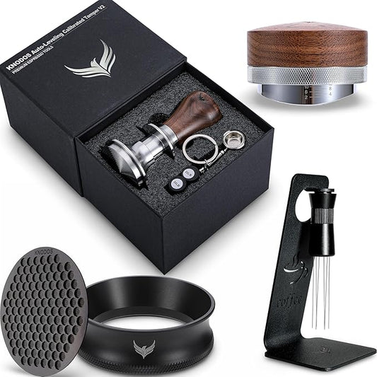58mm Espresso Must Haves Tools Portafilter Funnel, Self Leveling Tamper, Coffee Distributor, Espresso Needle Whisk and Puck Screen