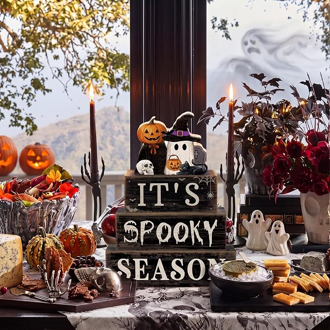 Moucuny 4 Pcs Halloween Table Decoration Pumpkin Ghost Wooden Stacked Block Decor, "It's Spooky Season" Centerpiece Signs, Rustic Gothic Halloween Tiered Tray Decoration for Home Office Kitchen Shelf - Image 4