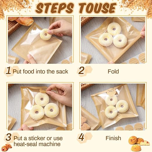 Outus 100 Pcs Cookie Packaging Bags with Seal, 6 x 6 Inch Bakery Pastry Bags with Window, Heat Sealable Grease Resistant Paper to Go Bake Sleeves for Gift Giving Donut Bread Sandwich (Brown) - Image 4