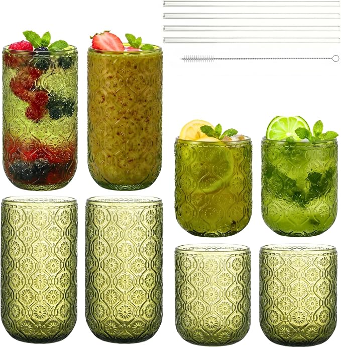 Green Drinking Glasses Set of 8, 12 Oz Highball & 10 Oz Cocktail Glasses with Straws, Thick Glass Iced Coffee Cups, Floral Embossed Kitchen Vintage Glassware Set for Water, Beer, Juice, Whiskey by FERAHI