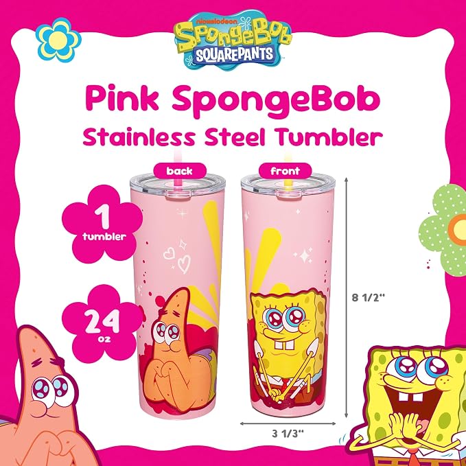 Dragon Glassware x SpongeBob SquarePants Tumbler with Straw, 24 oz - Pink | Vacuum Insulated Stainless Steel Tumbler with Straw & Lid; Double Walled Tumbler with Straw; SpongeBob SquarePants Cup - Image 2