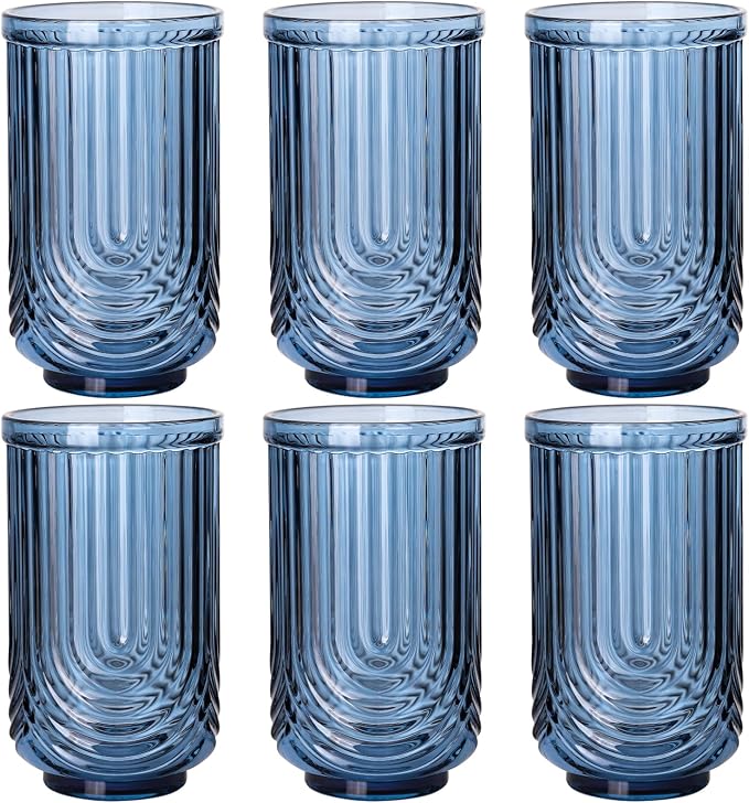 Blue Vintage Drinking Glasses Set of 6-17oz Hand-Blown Highball Ribbed Glassware, Arch Design Cocktail Glasses for Whiskey Water Beverages Ice Coffee Juice Milk by TrophyToast